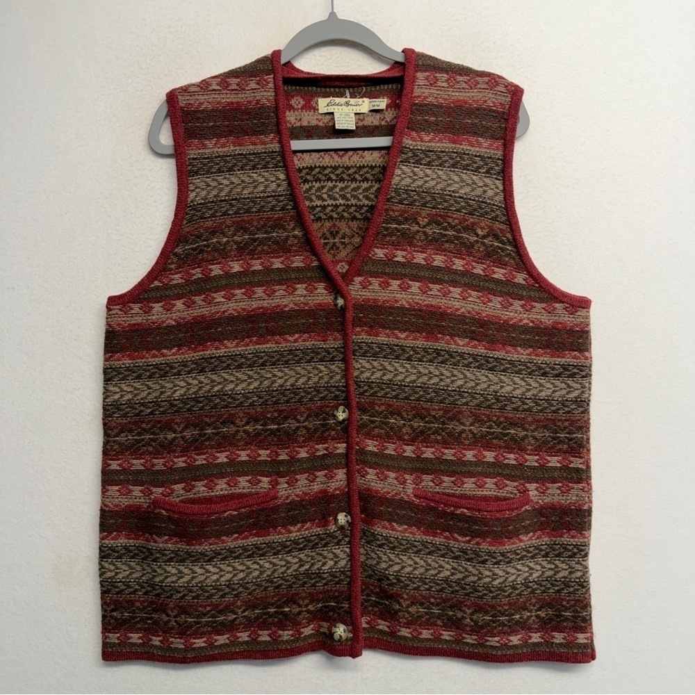 Vintage Eddie Bauer 100% Wool Knit Sweater Vest Pockets Multi Color Medium