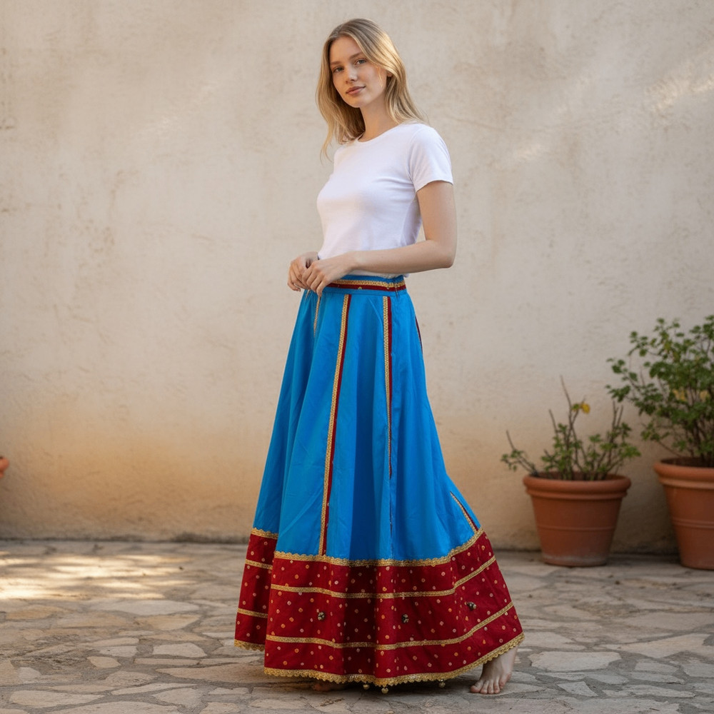 Vtg Traditional Indian Skirt Blue Red Gold Bells Ethnic Maxi Boho Festival