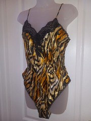 Vintage 80s Lucie Ann Tiger Gold Lurex Snap Crotch Sheer Teddy Lingerie S