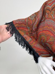 Antique Paisley Tapestry Kashmir Robe or Jacket Red Orange Fringe AS IS