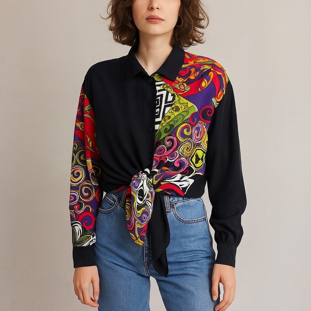 Vintage Clover California Blouse M Black Baroque Print 80s 90s Art to Wear Boho