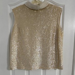 Vintage Ivory Iridescent Sequin Beaded Sleeveless Top Pearl Collar Glam Blouse