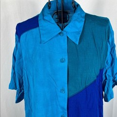 VINTAGE 90’s C.M. Shapes Women’s Blouse Teal & Blue Large Button Up Color Block