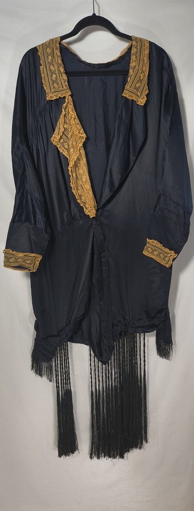 Antique 100% SILK Midnight Blue Hostess Robe Gold Lace Fringe Pockets Ely NV AS