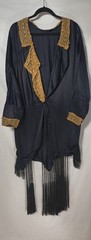 Antique 100% SILK Midnight Blue Hostess Robe Gold Lace Fringe Pockets Ely NV AS