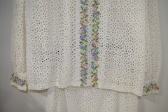 J9 vintage Home Sewn Off White Eyelet Cotton Skirt Blouse Pastel Embroidery Trim