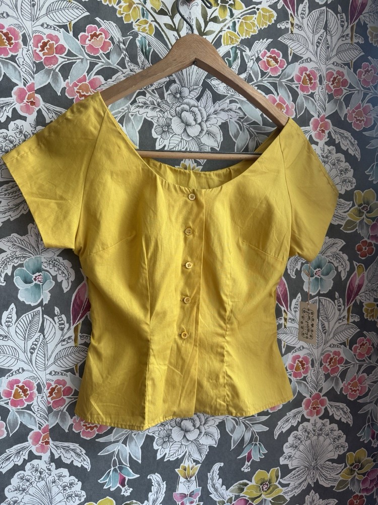 VTG 50s Designer Greta Plattry Deadstock Mustard Gold Blouse Button Up Top XS/S