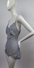 VINTAGE 1940’S BLUE + WHITE STRIPED WATER SAFETY INST BATHING SUIT W OPEN BACK