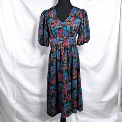Virgo II Vintage Floral Puff Sleeve Midi Dress V-Neck Tie Waist Made in USA MED?