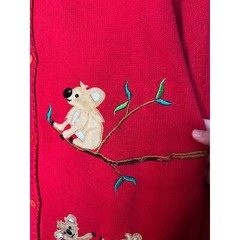 1990s Quacker Factory QVC Red Koala Bear Bamboo Australia Fuzzy 3D Cardigan S