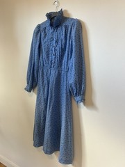 70’s Vintage Candi Jones Blue Floral Ruffle Prairie Midi Dress – Size Small
