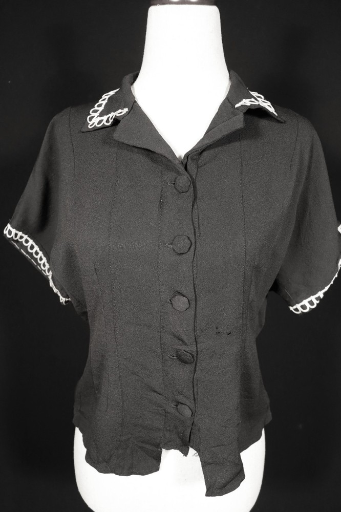 Vintage WWII Era 1940’s French Black Rayon Crepe Blouse Size Small