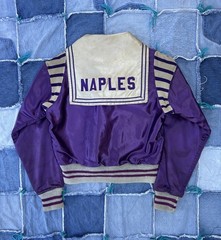 1950s Satin Cheerleader Warm Up Jacket Purple Naples Florida 20” x 21” Vintage
