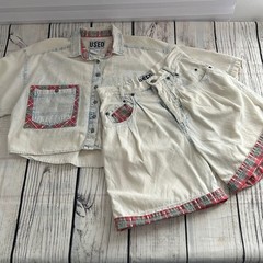 Vintage 90s Get Used by Elie Acid Wash Denim Plaid Trim Crop Top Shorts Set M 28