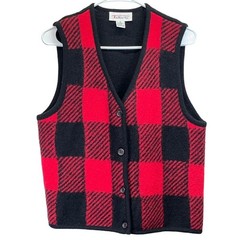 Vintage Talbots Red Black Buffalo Plaid Button Front Wool Sweater Vest Medium
