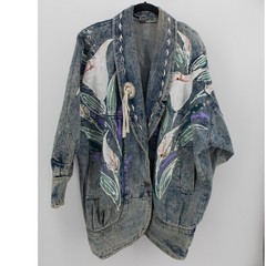 Vintage Hand Painted Blue Acid Wash Floral Studded Denim Jacket SMALL Maximalist