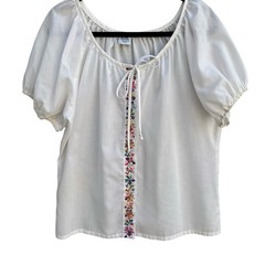 Na-Ma California Vintage 70s White Floral Embroidered Peasant Blouse Puff Sleeve
