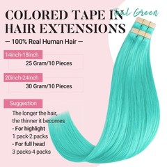 MAXITA Hair Extensions Human Hair Teal Green Tape in Color 10pcs 25g 18in Highli