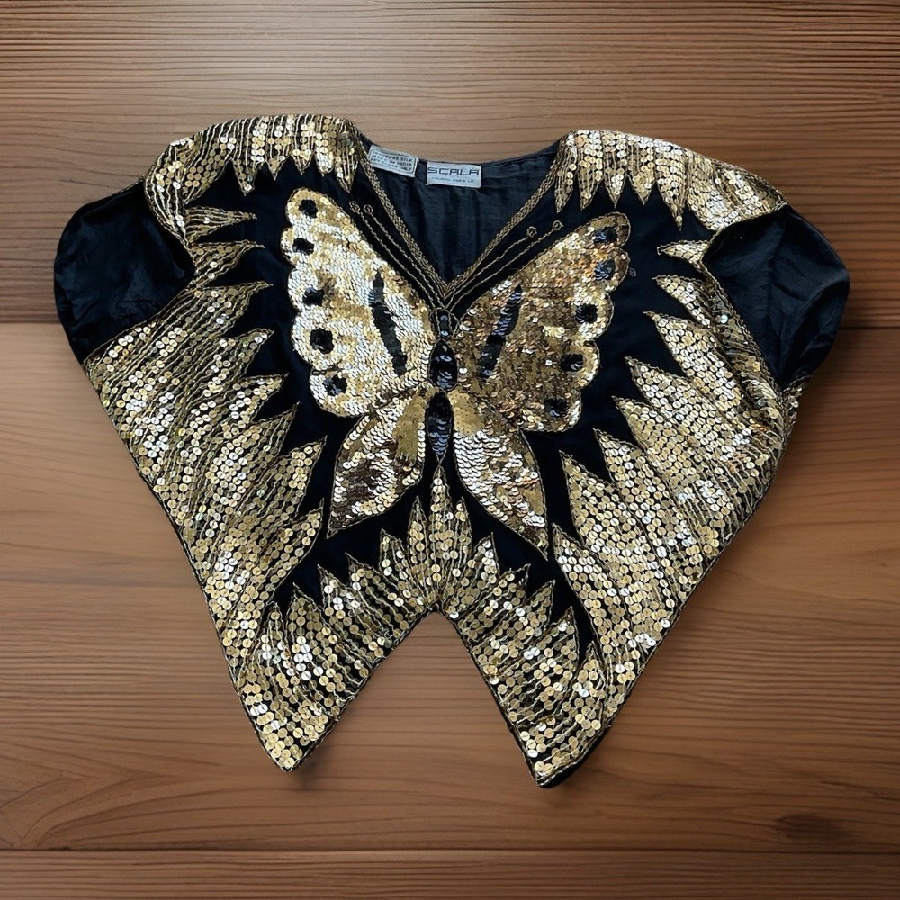 VTG 80s SCALA Women’s O/S Black Silk Gold Sequins Butterfly Top Glam Art Deco