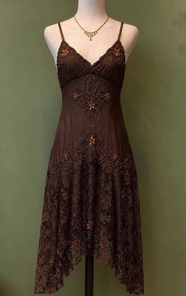 Cache Brown Silk Beaded Lace Handkerchief Hem Dress Women’s M Fits S Vintage