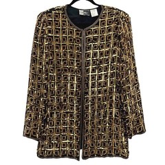 CARINA Vintage Sequin Beaded Jacket Blazer Women’s Medium Black Gold Geometric