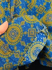 Vintage 1950s blue gold dress, cotton summer short sleeve shirt rayon green S