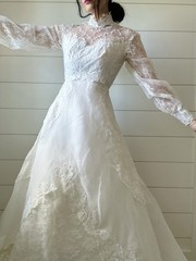 Vintage Wedding Dress Victorian Revival 70s Lace Collar Train READ