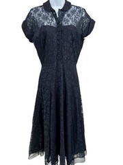 Vtg 1950s Lace Secretary Dress Navy Blue Faux Button Front Fit & Flare 35″ Chest