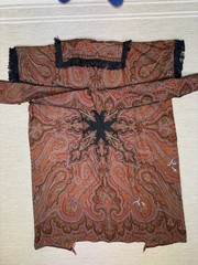 Antique Paisley Tapestry Kashmir Robe or Jacket Red Orange Fringe AS IS