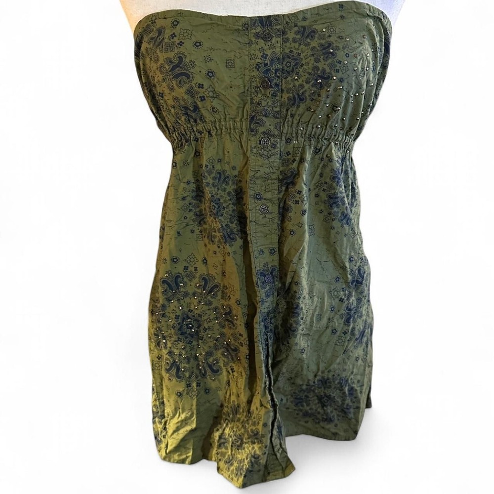Mudd 2010s Green Boho Botanical Print and Gold Studded Button-up Mini Dress