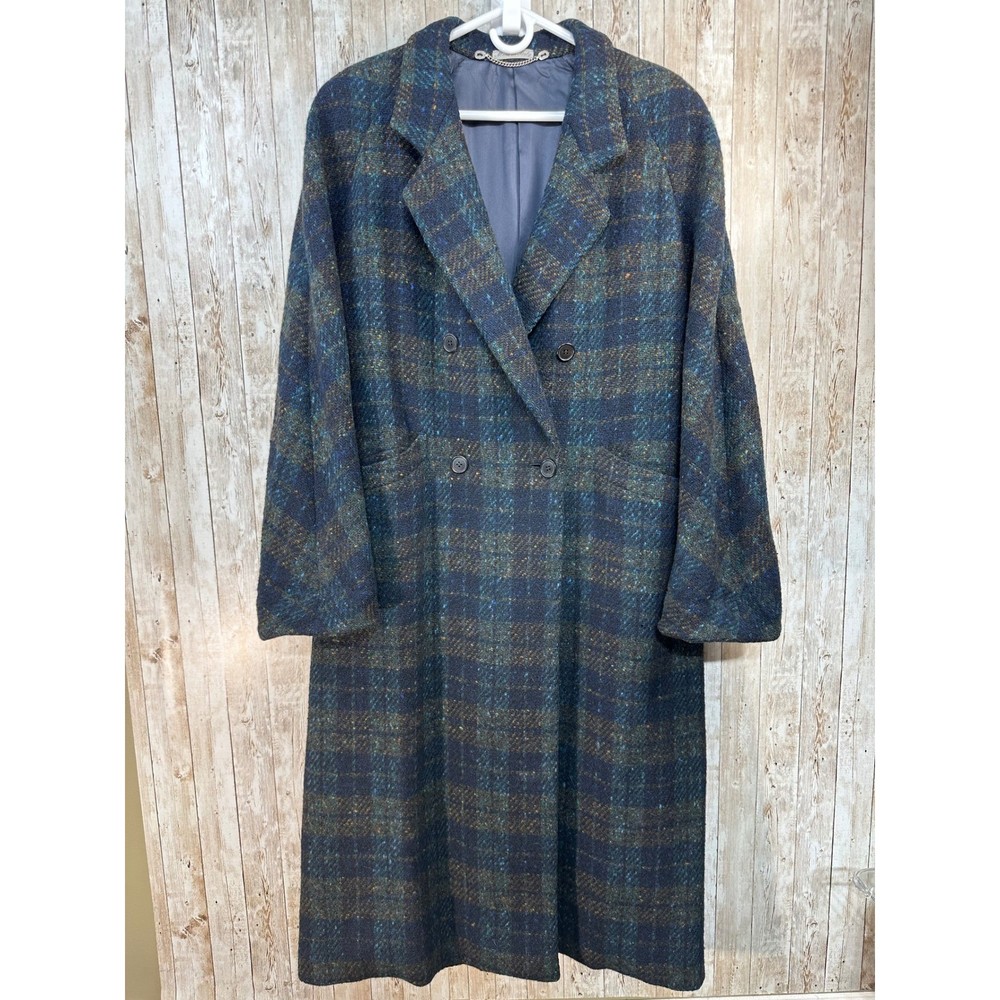 Burberrys ’80’s Italian Vintage 100% Wool Coat Blue and Orange Plaid Size 16