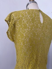 50s Chartreuse Sheer Floral Lace Flutter Cap Sleeve Top Keyhole Bateau Neck XS/S
