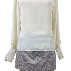Vintage Victorian Lace Yoke Blouse High Neck Balloon Sleeve Romantic Cream Small