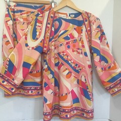 Vintage 1980s PIA RUCCI 2 pc 100% Silk Designer Pop Art Geometric 8 Pink Blue