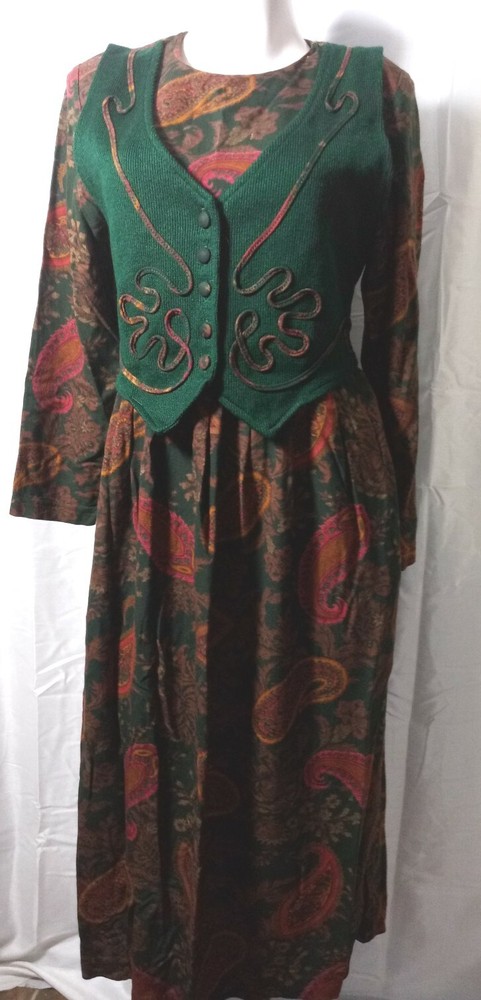 Vintage Another Thyme Paisley Vested Midi Pleated Dress Green Cottagecore Sz 8