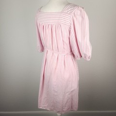 Vintage 80s Sundress MuMu House Dress Flower Applique Pink White Stripe [STAIN]