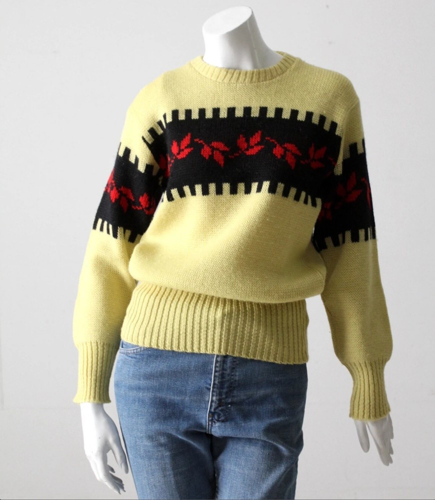Vintage 1950s The Kandahar by Bert Charon 100% Wool White Black Red Sweater M/L