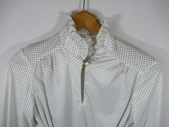 Vintage 70s High Neck Ruffle Belted Blouse Blue/White Polka Dot Polyester