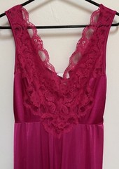 Vintage Adonna Nightgown Fuchsia Pink Silky Nylon & Lace Midi Gown Medium