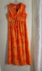 Vintage Ludy Ludi Hawaii Florescent Orange Long Hostess Gown Dress 34″ Bust M