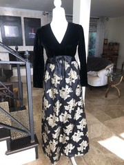 Roger Milot For Fred Perlberg 60s Black Velvet & Gold Brocade Empire Gown S