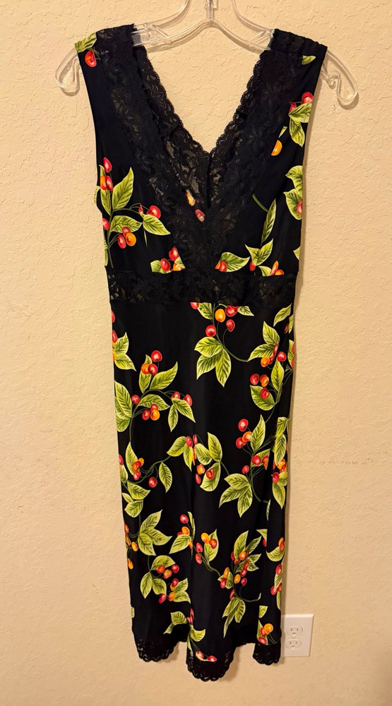 Vintage Y2K Bebe Cherry Print Lace Trim Slip Dress, Black Red, Women’s Size M