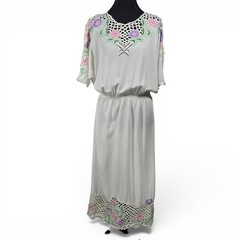 Vintage 70s White Floral Embroidered Crochet Lace Maxi Dress Elastic Waist Boho