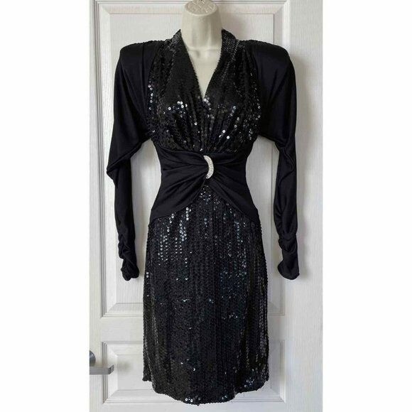 KAREN OKADA CLIMAX DAVID HOWARD Vtg 80’s Sequins Cocktail Party Dress XS
