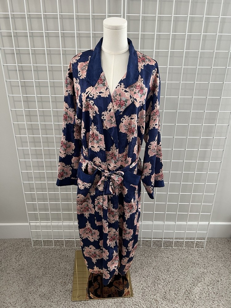 Vintage JO Intimates Floral Robe Size M/L Satin Long Wrap Belted Navy Blue Pink