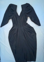 VTG 60S 70S WOMENS S BLACK TAFFETA PROM PARTY COCKTAIL WIGGLE BOW DRESS