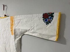 Vintage Hand Embroidered Beaded Folk Dress Robe White Floral Yellow Trim