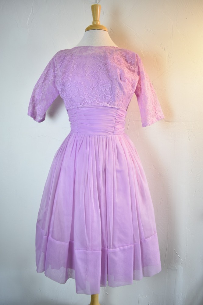 Vintage 1950s Purple Organza Cupcake Party Dress with Detached Lace Bodice