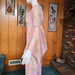 Vtg 70s Angel Sleeve Hippie Goddess Pink Sheer Voile Hostess Maxi Dress Gown S