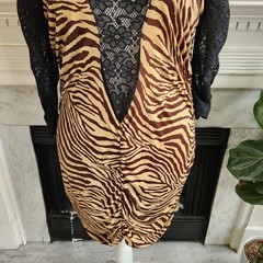 Vintage 80s Brown Animal Print Lace Dress Sz 3XL Tiger Zebra Stretch Ruched Plus